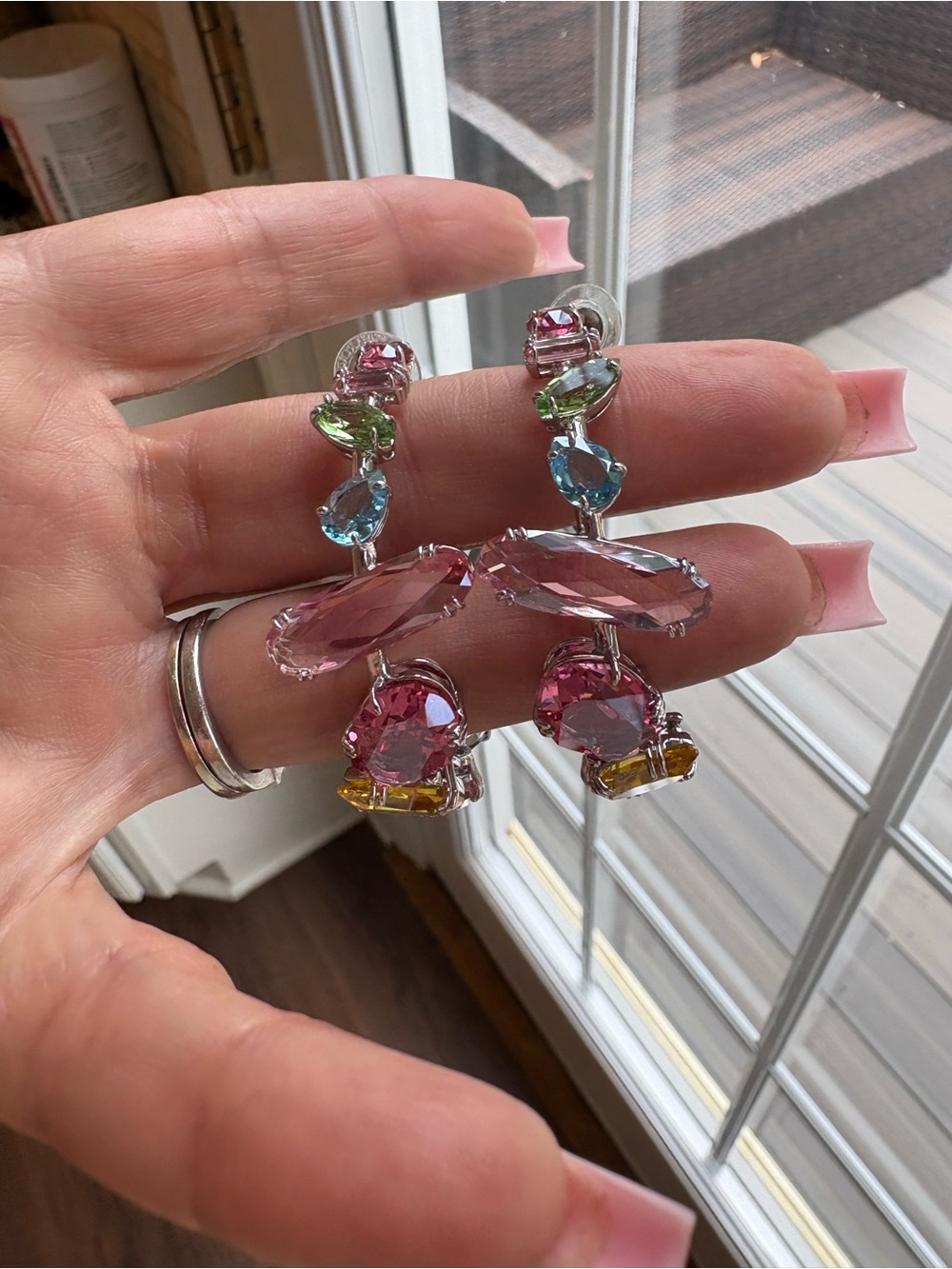 Swarovski Multicolor Crystal Hoop Earrings in Pink, Blue, Green & Yellow - Picture 2 of 10